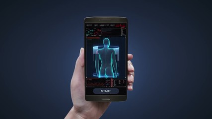 Touching health care diagnosis application on mobile, smart phone, Scanning blood vessel in female body in digital display dashboard. 