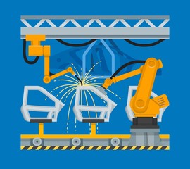 Vector illustration spot welding of car doors with industrial robots