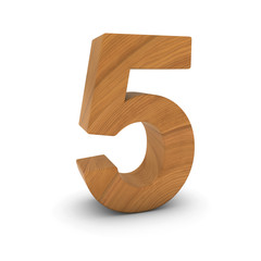 Wooden Number Five Isolated on White with Shadows 3D Illustration
