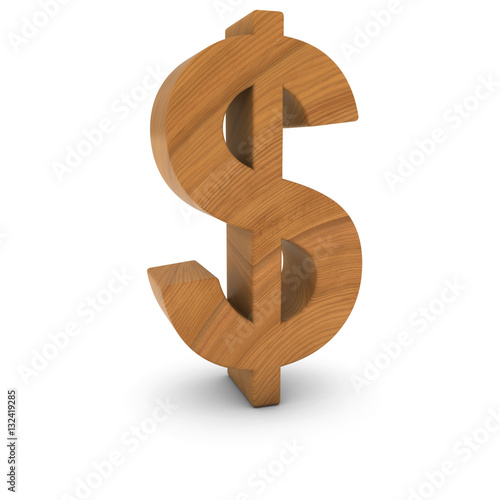 "Wooden Dollar Sign Isolated on White with Shadows 3D Illustration
