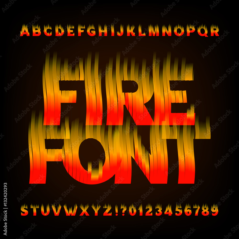 Poster abstract fire alphabet font. flame effect letters and numbers on a dark background. vector typeface 