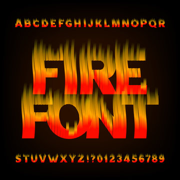 Abstract Fire Alphabet Font. Flame Effect Letters And Numbers On A Dark Background. Vector Typeface For Your Design.