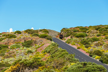 Telescopes of the Astronomical Observatory Izana with Volcano El Teide in the background, Spain