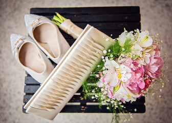 Wedding shoes, bag and bouquet