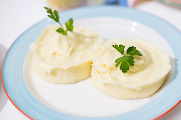 Mashed potatoes on plate.