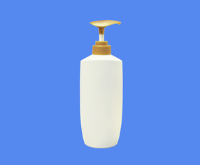White bottle with pump head on blue background. (with clipping path)