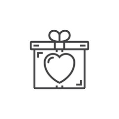 Present, gift box with heart line icon, outline vector sign, linear pictogram isolated on white. Symbol, logo illustration