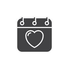 Calendar with heart icon vector, filled flat sign, solid pictogram isolated on white. Valentines day symbol, logo illustration