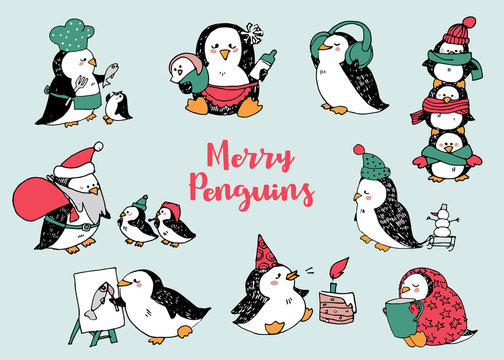 Set of hand drawn penguins for Christmas, kids greeting cards. Vector illustration.