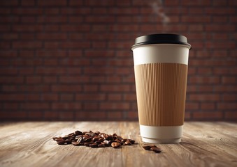 Paper cup of coffee with coffee beans on old wooden table