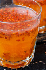 Fruit jelly with flax seeds, selective focus