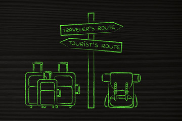 traveler or tourist: crosspath with road sign and bags