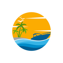boat travel, island, beach vector logo design