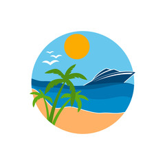 Obraz premium boat travel, island, beach vector logo design