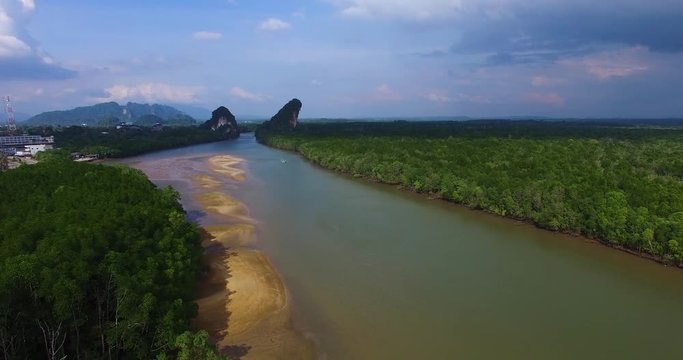 Aerial: Two protruding rocks in Krabi town.