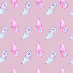 Fototapeta premium Seamless watercolor pattern with hand drawn feathers