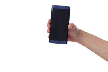 Male hand holding mobile, cellular phone with empty screen isolated on white background. Copy paste image or text.