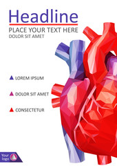 Low poly human heart cover design. A4 Medical journals, conferences