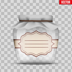 Glass Jar for canning and preserving with cloth cover and sticker label. Vector Illustration isolated on transparent background.