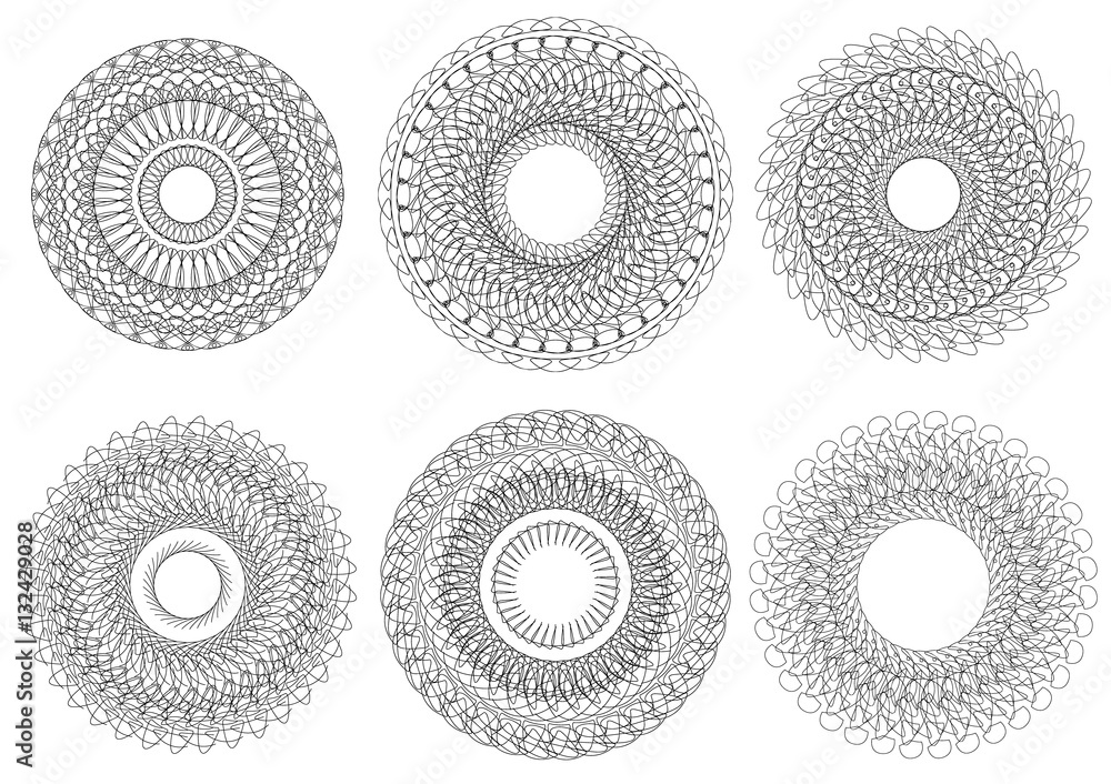 Poster circular geometric element(s), rotating radiating shapes on whi
