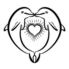 Vector illustration of dolphins in love black and white