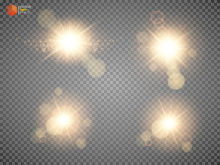 Golden glitter bokeh lights and sparkles. Shining star, sun particles and sparks with lens flare effect on transparent background