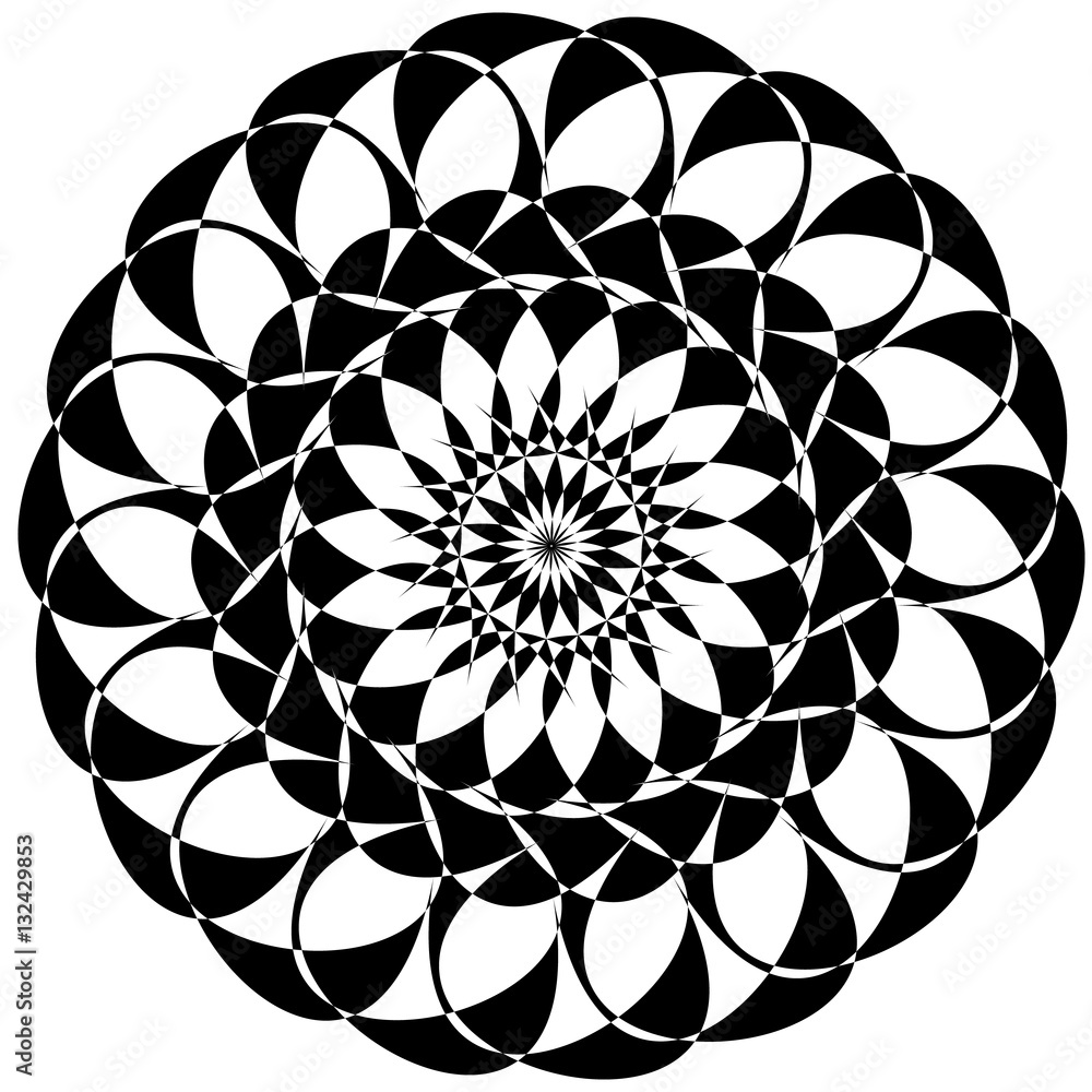 Poster circular geometric element(s), rotating radiating shapes on whi