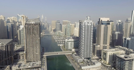 Aerial view of Dubai Marina buildings along artificial canal