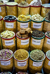  Spices in Spice Market at Souk. Condiments. Spices. Ginger. Cin