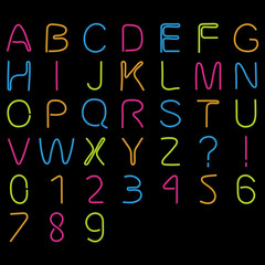 Neon Colored String Letters and Numbers Alphabet Set 3D Illustration
