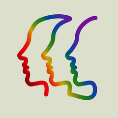 Three human profile, drawn by a multicolored single line. Symbol of the human unity in diversity. Vector drawing on separated background.
