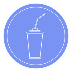 Paper or plastic cup with drinking straw icon. Blue circle background.