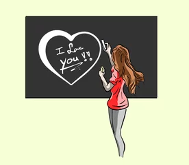 Foto auf Acrylglas Juffrouw schrijft met krijt op schoolbord i love you © emieldelange
