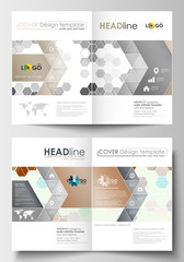 Business templates for brochure, magazine, flyer, booklet. Cover design template, easy editable blank, flat layout in A4 size. Abstract gray color background, hexagonal vector texture.