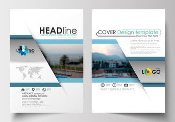 Business templates for brochure, magazine, flyer, booklet. Cover design, abstract flat style travel decoration layout in A4 size, easy editable vector template, colorful blurred natural landscape.