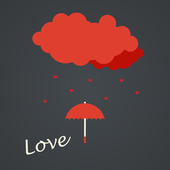 Romantic card with cloud and rain of hearts. Flat design.