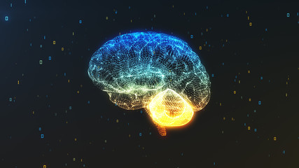 Digital computer brain 3D render floating in profile view with numerical information background illustrating the concepts of Big Data and artificial intelligence - 132433471