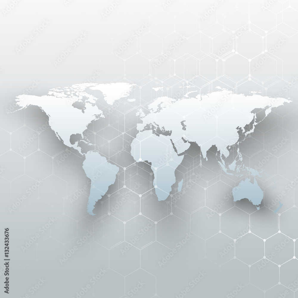 Poster white world map, connecting lines and dots on gray color background. chemistry pattern, hexagonal mo