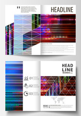 Obraz na płótnie Canvas Business templates for bi fold brochure, magazine, flyer, booklet, report. Cover design template, abstract vector layout in A4 size. Glitched background made of colorful pixel mosaic. Glitch backdrop.