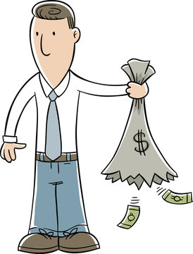 A cartoon businessman holding a torn, empty bag of money with leftover bills falling from the hole.