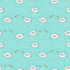 Valentines day seamless pattern with two love letters, heart and paper airplane. Vector hand drawn illustration in minimalistic style, made with ink outlines