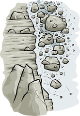 Cartoon rocks tumble over a cliff during an avalanche.