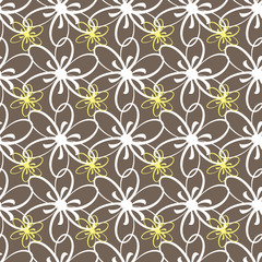 White and yellow flowers painted with a brush. Brown background.