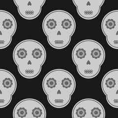 Grey skull on a black background. Seamless pattern.
