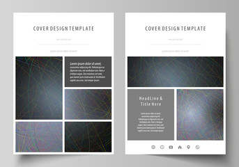Business templates for brochure, magazine, flyer, booklet. Cover design template, vector layout in A4 size. Colorful dark background with abstract lines. Bright color chaotic, random, messy curves.