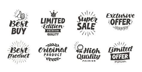 Business, shopping vector set icons. Lettering best product, super sale, exclusive offer, high quality, original, limited edition