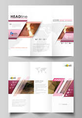 Tri-fold brochure business templates on both sides. Easy editable abstract vector layout in flat design. Romantic couple kissing. Beautiful background. Geometrical pattern in triangular style.