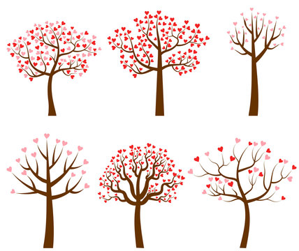 Set of vector trees with red and pink heart shaped leaves