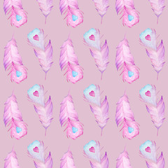 Seamless watercolor pattern with hand drawn feathers