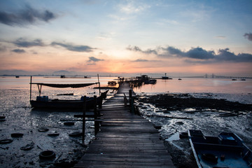 Fototapeta na wymiar Wooden bridge sunrise for background